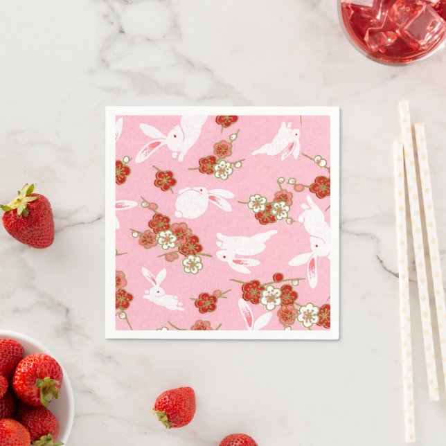 Japanese Art: Pink Sakuras & Rabbits Paper Napkins (Insitu)