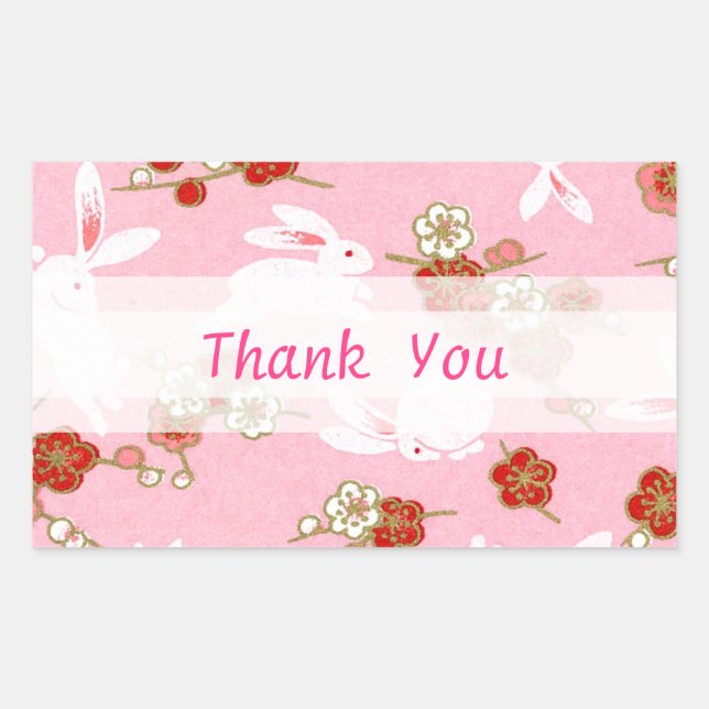 Japanese Art: Pink Sakuras & Rabbits Rectangular Sticker (Front)