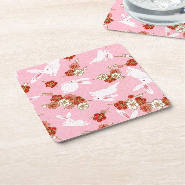 Japanese Art: Pink Sakuras & Rabbits Square Paper Coaster (Angled)