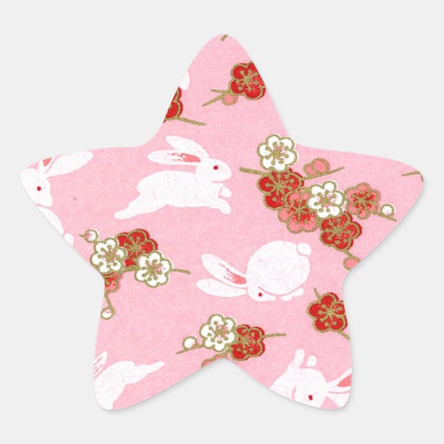Japanese Art: Pink Sakuras & Rabbits Star Sticker (Front)