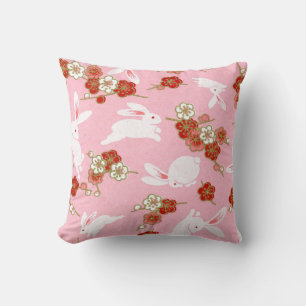 Japanese Art: Pink Sakuras & Rabbits Throw Pillow