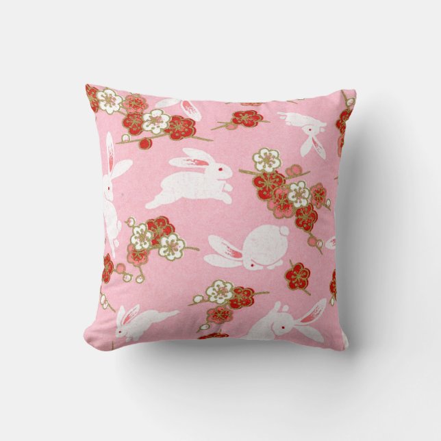 Japanese Art: Pink Sakuras & Rabbits Throw Pillow (Front)
