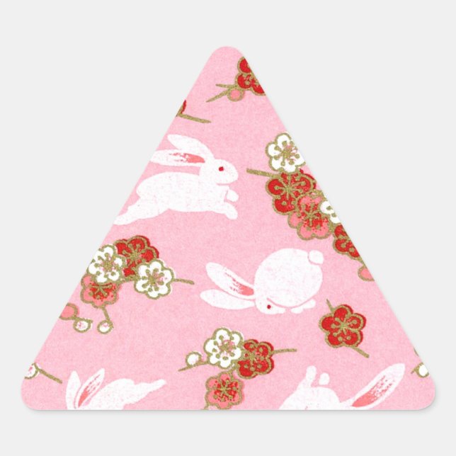 Japanese Art: Pink Sakuras & Rabbits Triangle Sticker (Front)