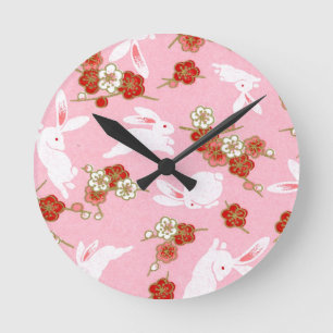 Japanese Art: Pink Sakuras & Rabbits Wall Clock