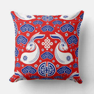 Japanese Art Rabbit Red, Blue Throw Pillows