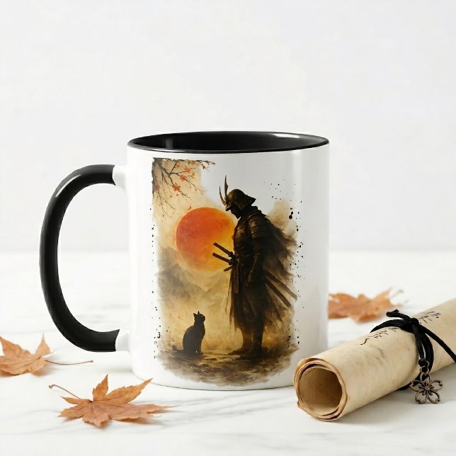 Japanese Art Samurai Warrior & Black Cat Coffee  Mug (Creator Uploaded)