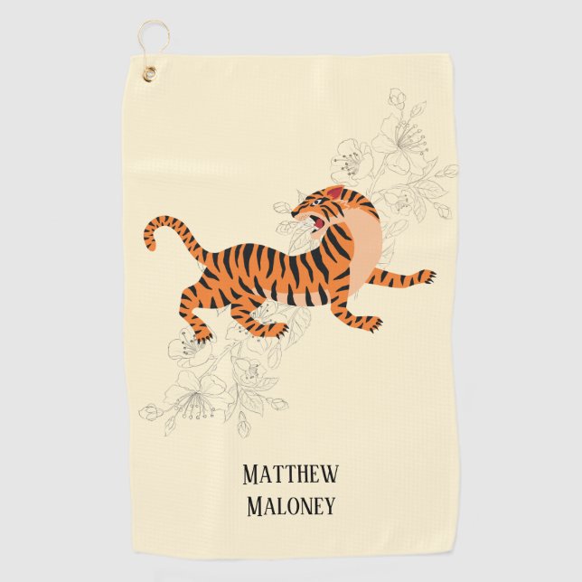 Japanese Art Tiger With Cherry Blossom Golf Towel (Front)