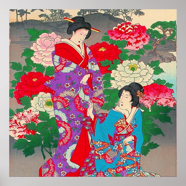 Japanese Art  - Two Women Talking In Rose Garden Poster (Front)