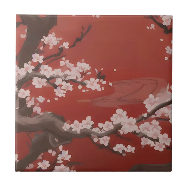  Japanese Artstyle White Cherry Blossom Red Ceramic Tile (Front)