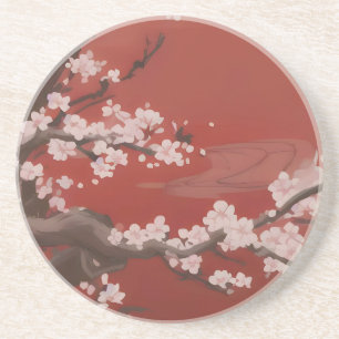  Japanese Artstyle White Cherry Blossom Red Coaster