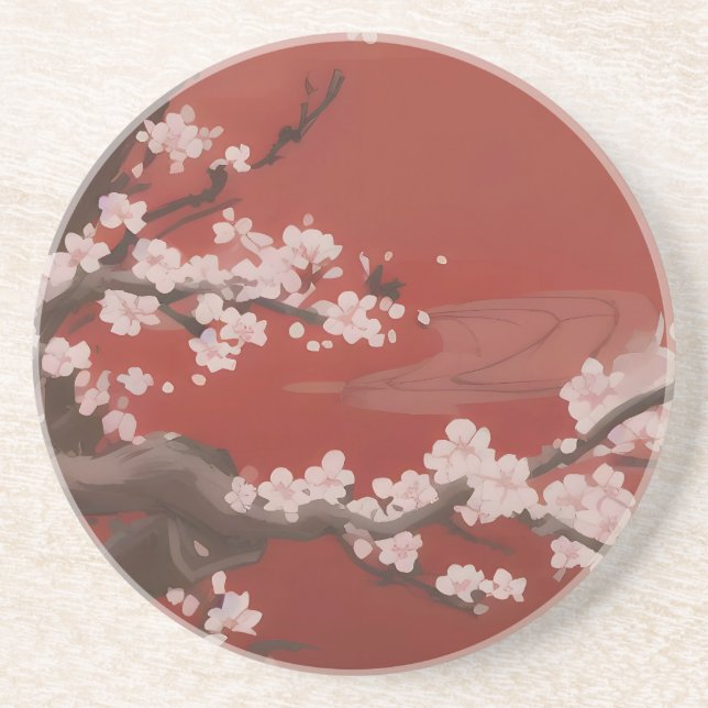  Japanese Artstyle White Cherry Blossom Red Coaster (Front)