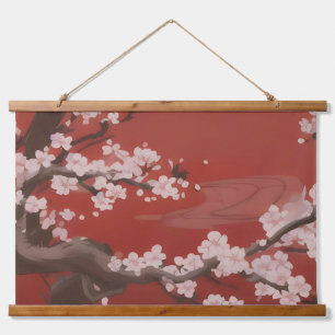 Japanese Artstyle White Cherry Blossom Red Hanging Tapestry