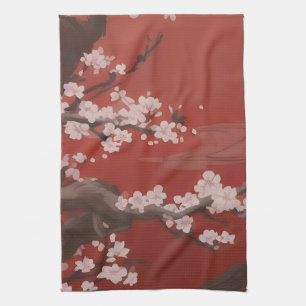Japanese Artstyle White Cherry Blossom Red Tea Towel