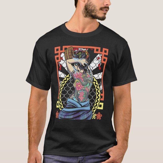 Japanese Artwork Geisha Snake Flower T-Shirt (Front)