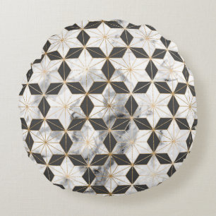 Japanese Asanoha: Gold Marble Pattern. Round Cushion