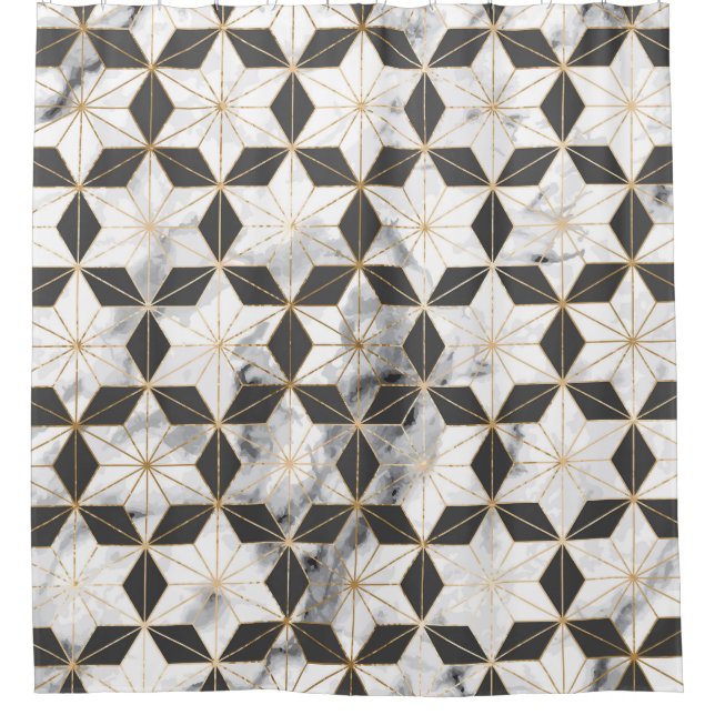 Japanese Asanoha: Gold Marble Pattern. Shower Curtain (Front)
