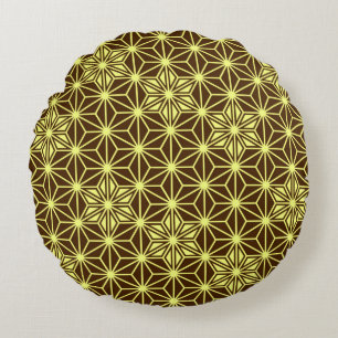 Japanese Asanoha pattern - brown and yellow Round Cushion