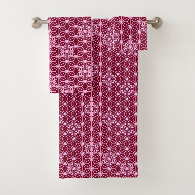 Japanese Asanoha Pattern, Burgundy and Pale Pink  Bath Towel Set (Insitu)
