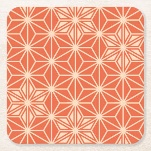 Japanese Asanoha pattern - coral orange Square Paper Coaster