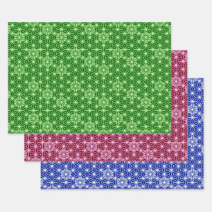 Japanese Asanoha pattern, Green, Burgundy, Blue Wrapping Paper Sheet