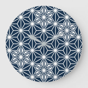 Japanese Asanoha pattern - indigo blue & white Large Clock