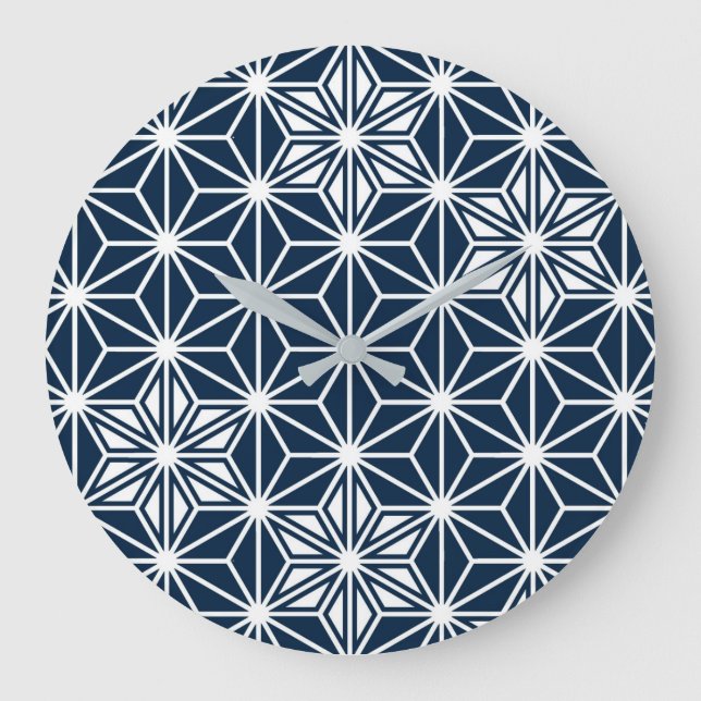 Japanese Asanoha pattern - indigo blue & white Large Clock (Front)
