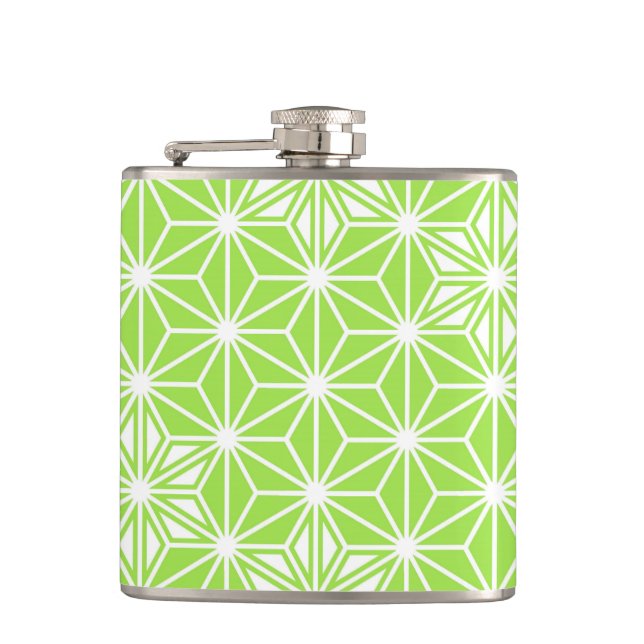 Japanese Asanoha pattern - light lime green Hip Flask (Front)