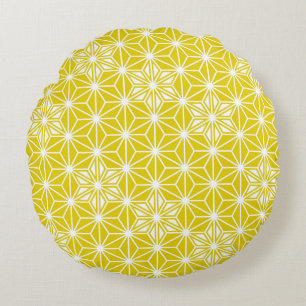 Japanese Asanoha pattern - mustard gold and white Round Cushion