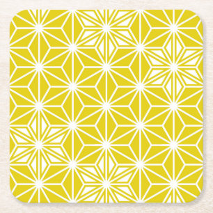 Japanese Asanoha pattern - mustard gold and white Square Paper Coaster