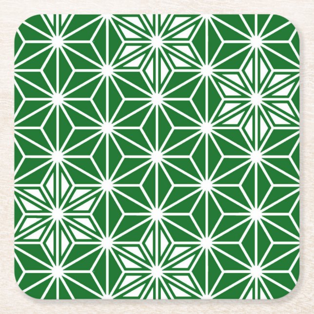 Japanese Asanoha pattern - pine green Square Paper Coaster (Front)