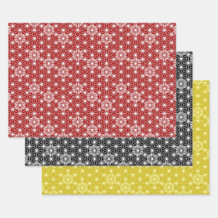 Japanese Asanoha pattern, Red, Black/White, Gold  Wrapping Paper Sheet