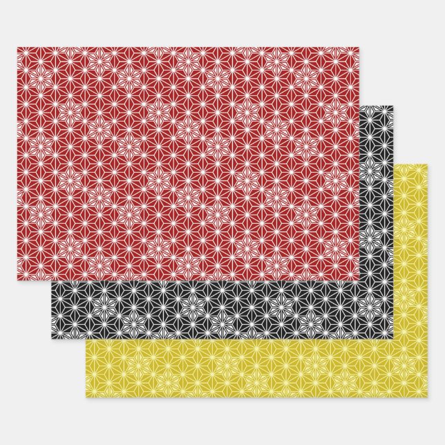 Japanese Asanoha pattern, Red, Black/White, Gold  Wrapping Paper Sheet (Set)