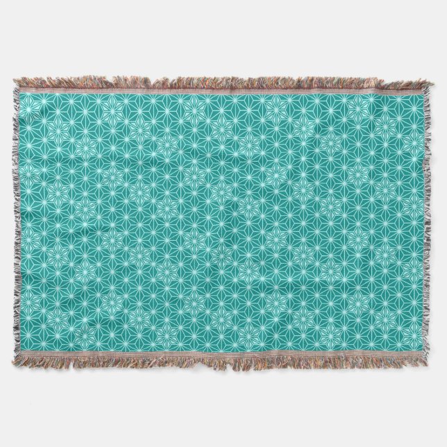 Japanese Asanoha Pattern, Turquoise and Aqua Throw Blanket (Front)