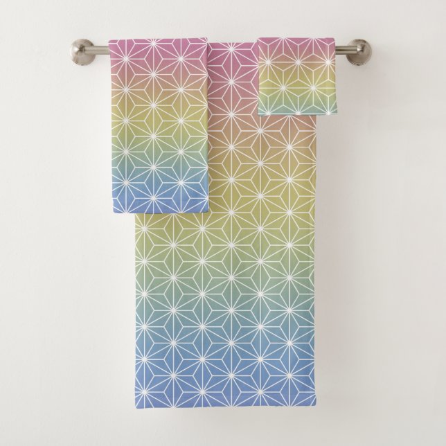 Japanese Asanoha Traditional Print Pastel Rainbow Bath Towel Set (Insitu)