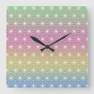 Japanese Asanoha Traditional Print Pastel Rainbow Square Wall Clock