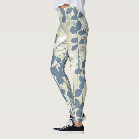 Japanese Asian Art Floral Blue Flowers Print Leggings