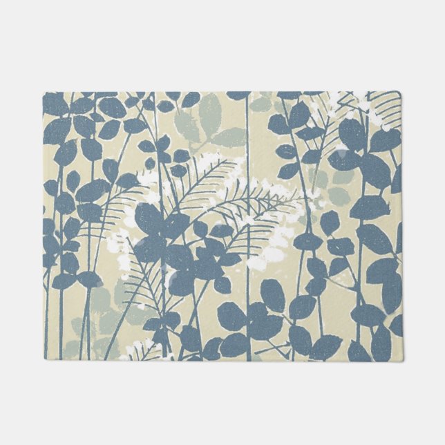 Japanese Asian Blue Leaf Flower Doormat (Front)