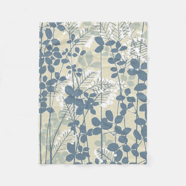 Japanese Asian Blue Leaf Flower Fleece Blanket (Front)