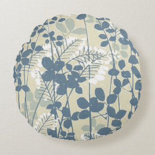 Japanese Asian Blue Leaf Flower Round Cushion