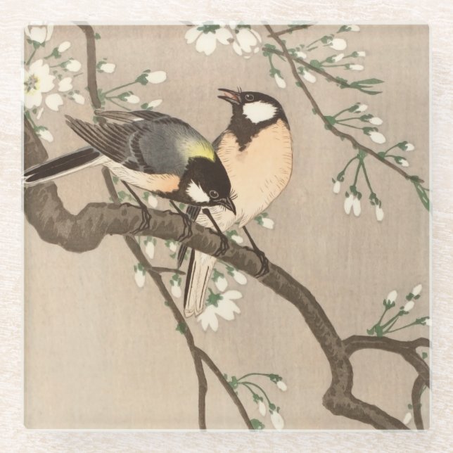 Japanese Asian Koson Bird Chickadee Songbird Glass Coaster (Front)