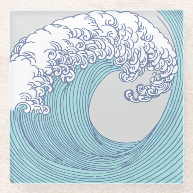 Japanese Asian Surf Wave Art Ocean Art Glass Coaster (Front)