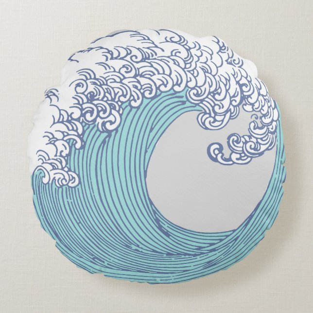 Japanese Asian Surf Wave Art Ocean Art Round Cushion (Front)