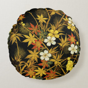 Japanese Autumn Leaves Antique Botanical Round Cushion