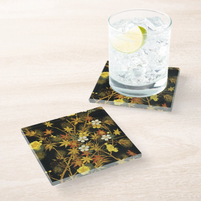 Japanese Autumn Leaves Antique Rich Classic Art Glass Coaster (Angled)