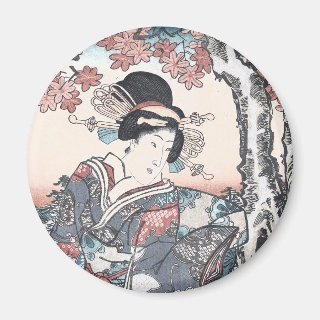 Japanese Autumn Ukiyo-e Momijigari no himegimi Magnet (Front)