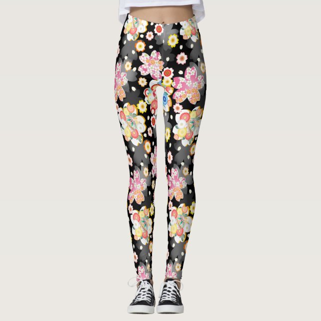 Japanese Background with Cherry Blossoms and Balls Leggings (Front)