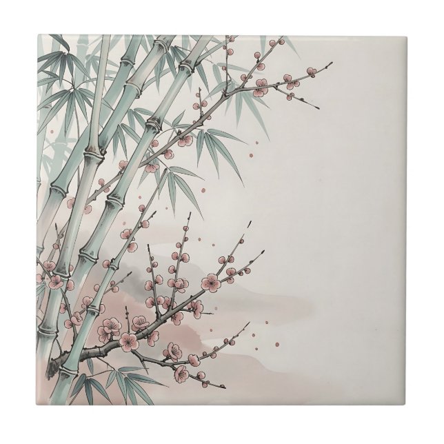 Japanese Bamboo Plum Blossom Ink  Ceramic Tile (Front)