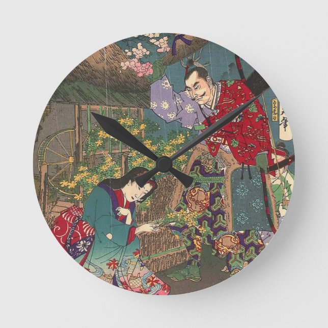 Japanese Beautiful Geisha Samurai Art Round Clock (Front)