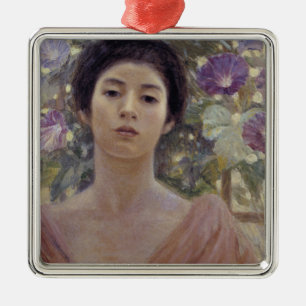 Japanese Beauty with Purple Morning Glory Flowers Metal Ornament