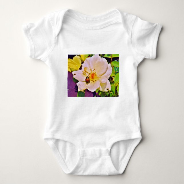 Japanese Beetle on White  Rose Baby Bodysuit (Front)